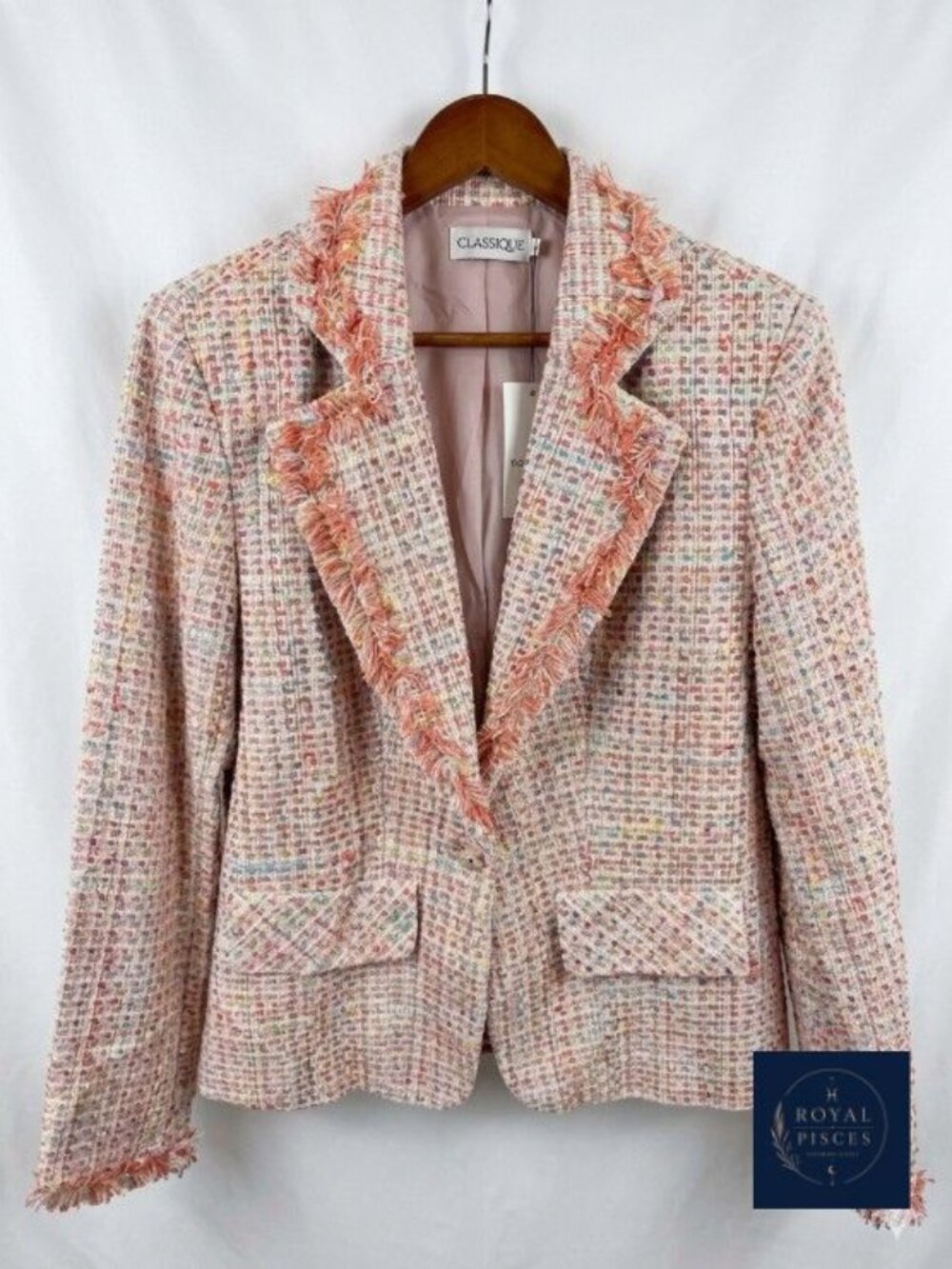 Classic Woman Vintage Pastel Multicolor Confetti Tweed Fringe Blazer Jacket